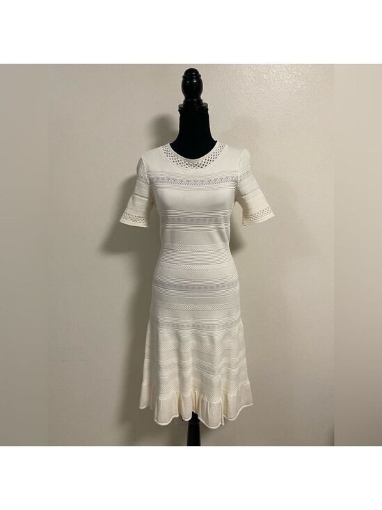 Eliza J Dresses & Skirts - Eliza J Dress Women’s Size Medium Cream Pointelle Ruffle hem Dress fit & flare